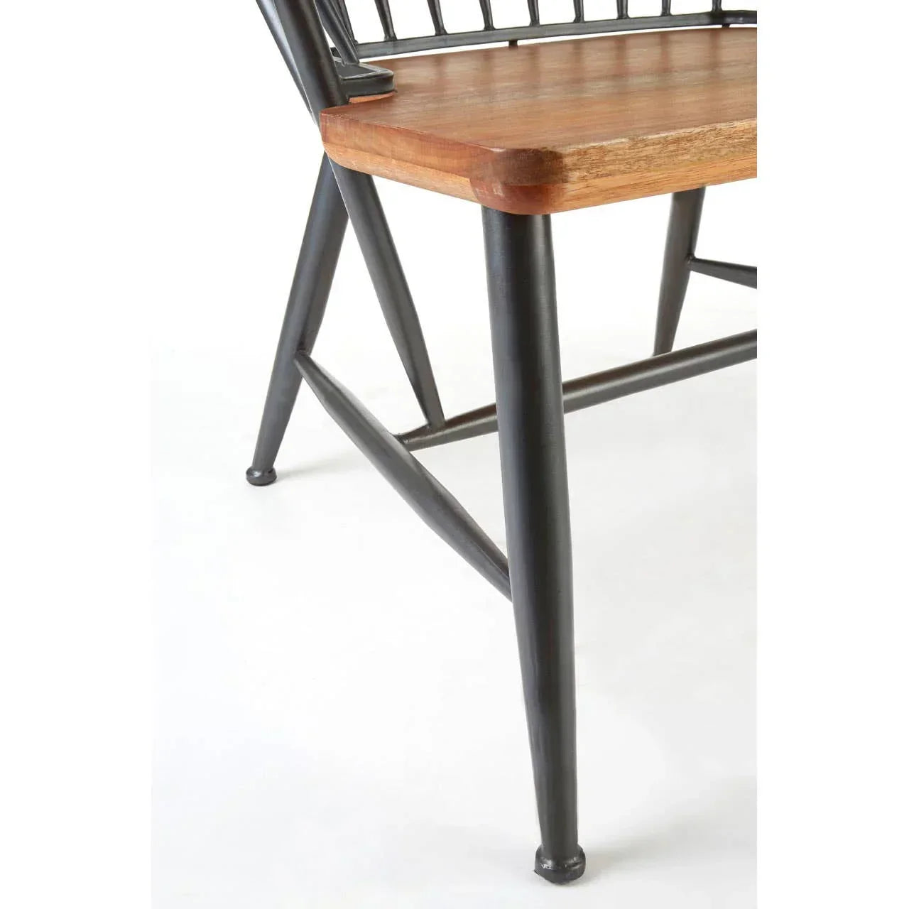 Wood dining chair seat with black metal legs and spindle back detail