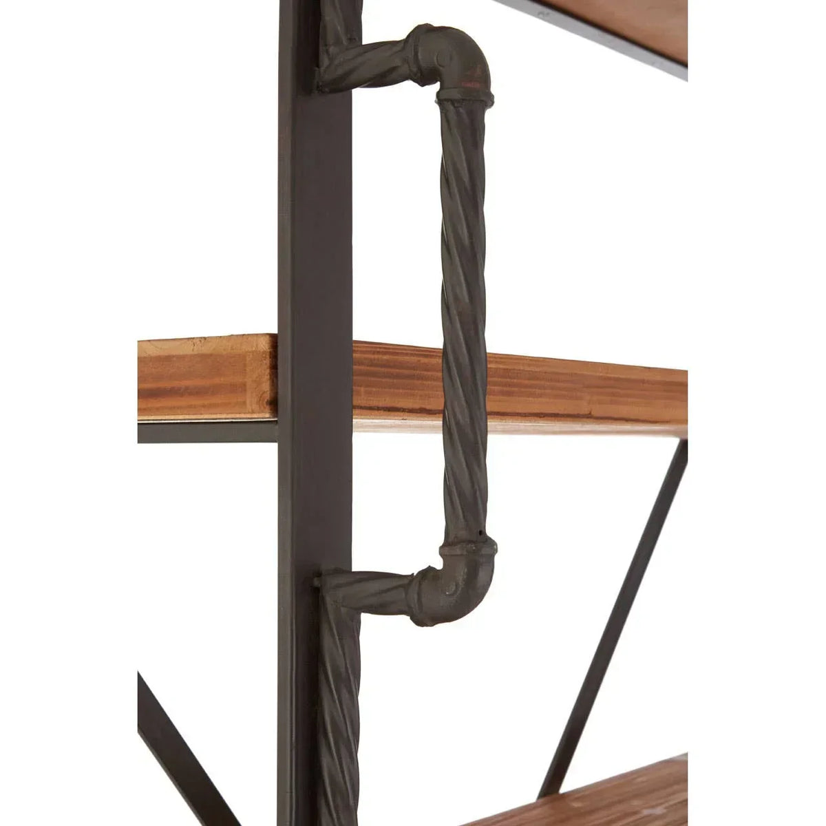 Industrial shelving unit with metal frame and wooden shelves, close-up on twisted handle