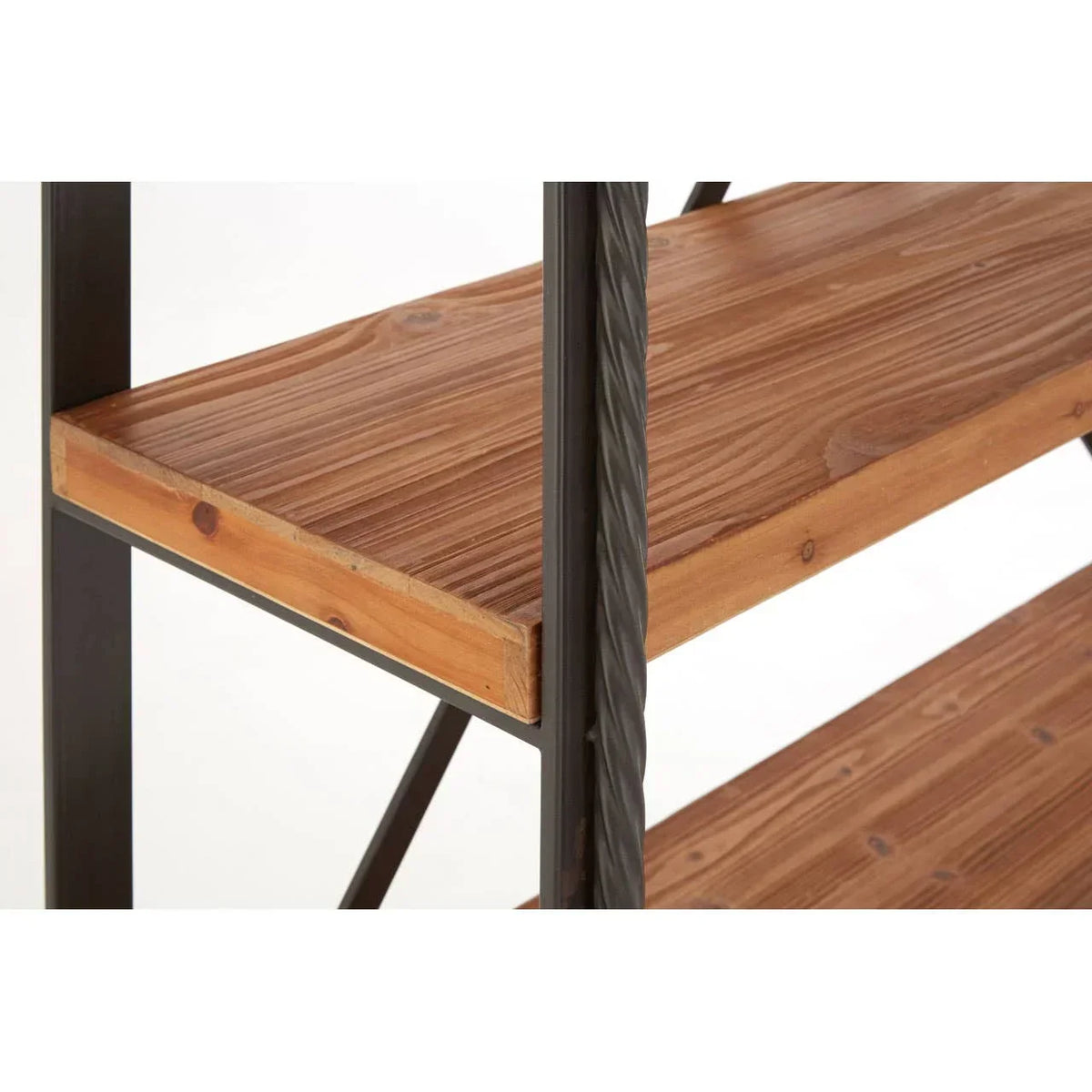 Wooden shelving unit with black metal frame and close-up texture detail