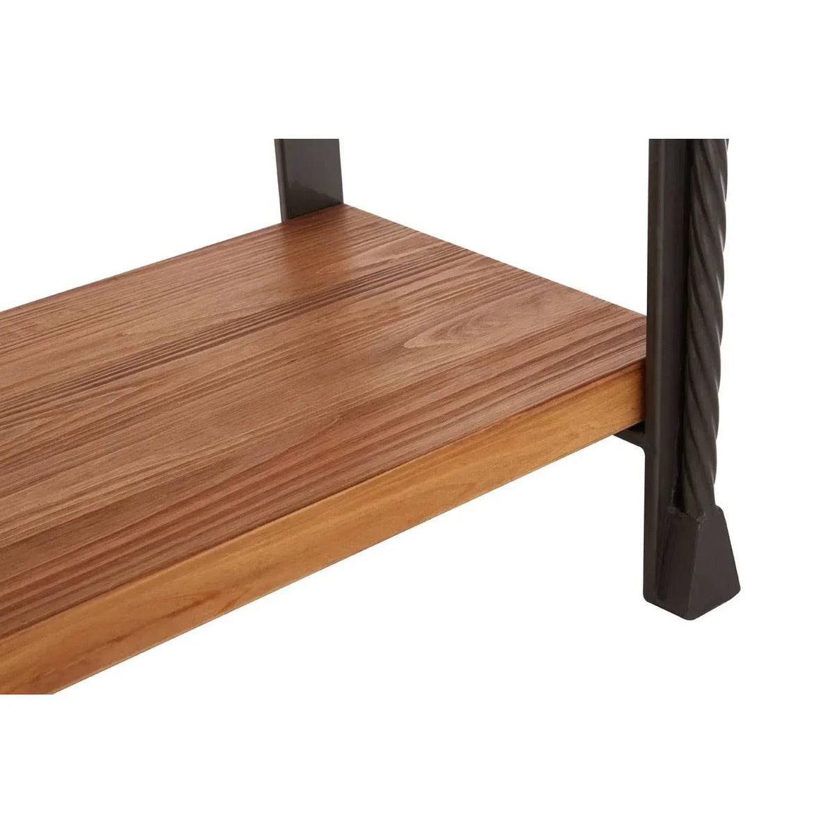 Close-up of wood shelf with black metal legs and twisted metal detailing