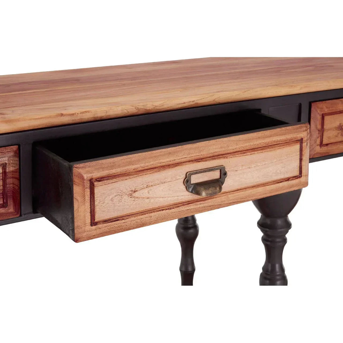 Wooden console table with black legs and open central drawer with metal handle