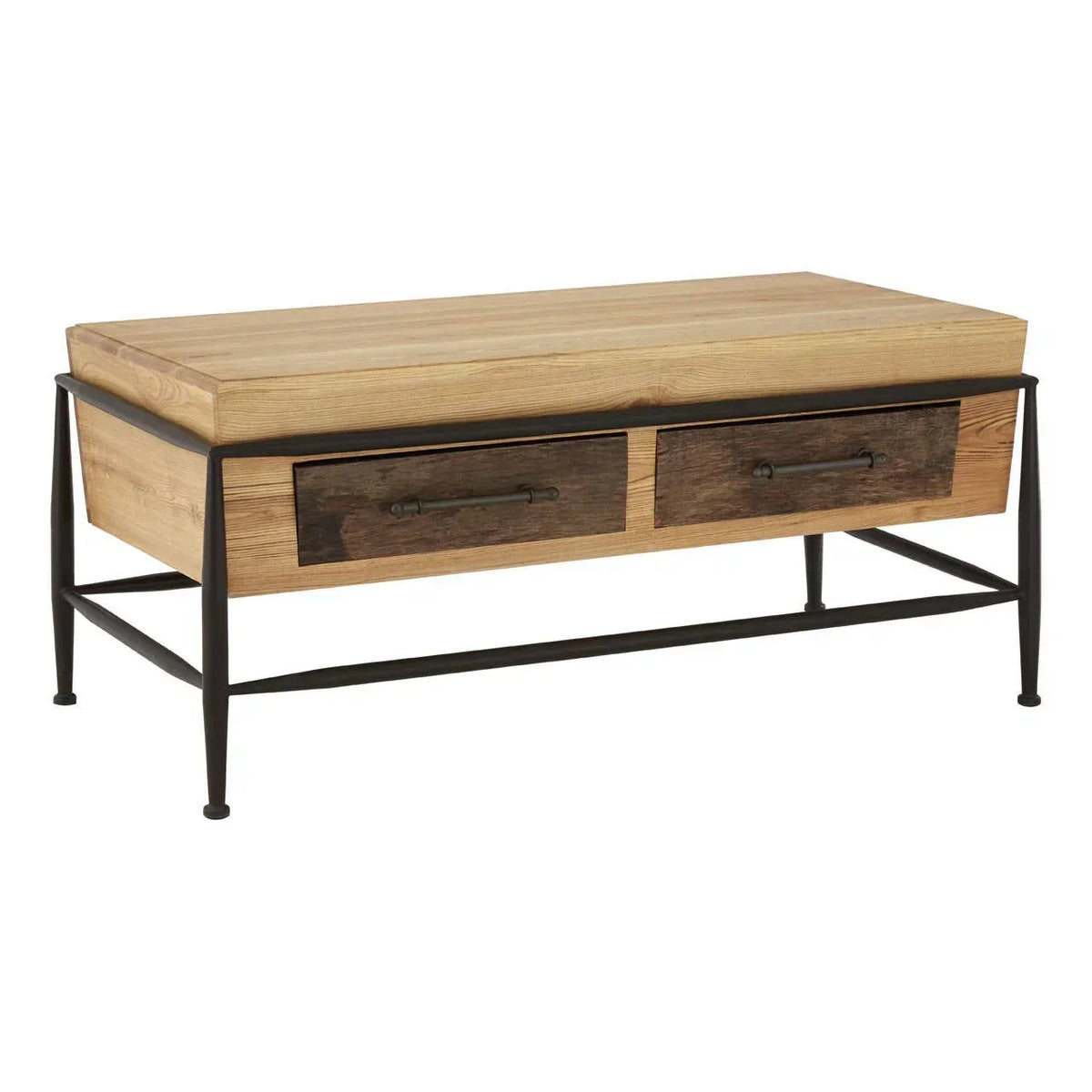 Industrial wooden coffee table with black metal frame and two front drawers