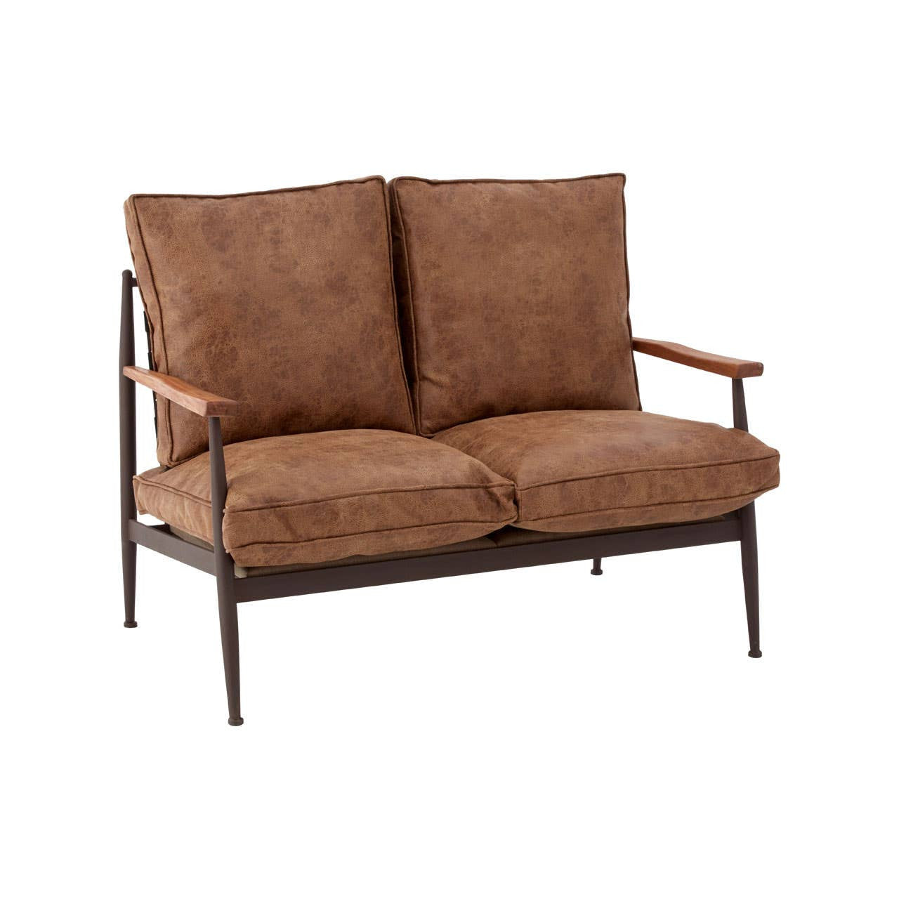 Brown leather effect two-seater sofa with plush cushions, wooden armrests, and a sturdy metal frame, designed for modern home decor