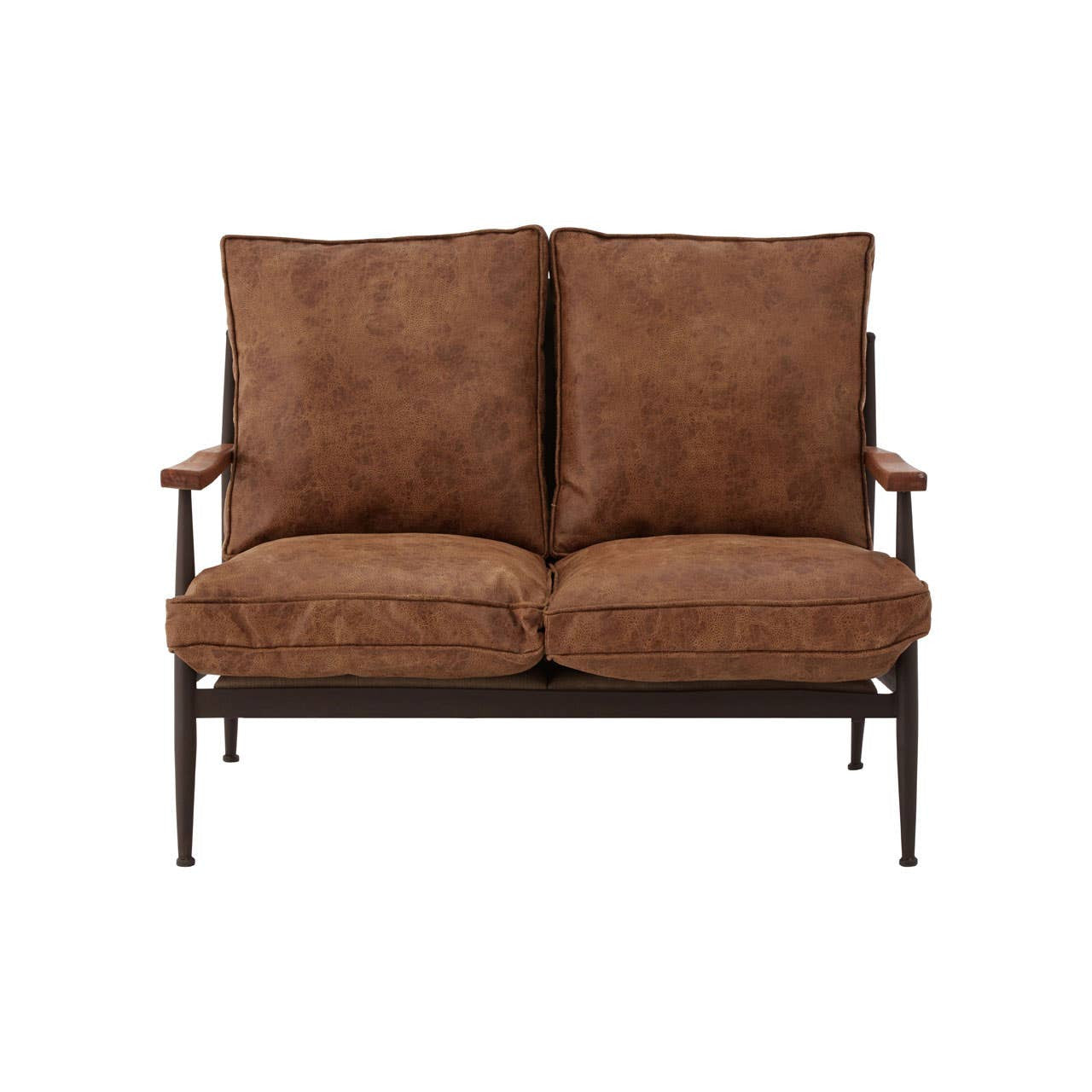 Brown leather effect two-seater sofa with plush cushions and wooden armrests, featuring a sleek metal frame. The sofa has a contemporary design, suitable for modern living spaces