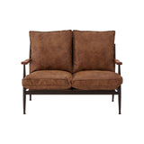 Brown leather effect two-seater sofa with plush cushions and wooden armrests, featuring a sleek metal frame. The sofa has a contemporary design, suitable for modern living spaces