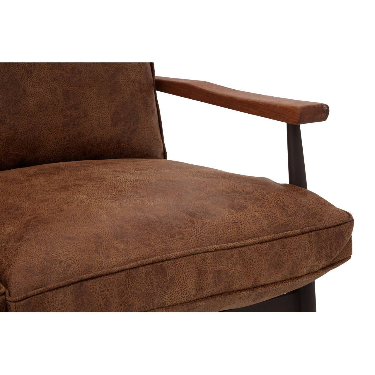 Brown leather effect upholstery on a two-seater sofa with a plush cushion and wooden armrests, showcasing a modern design and comfortable seating