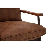 Brown leather effect upholstery on a two-seater sofa with a plush cushion and wooden armrests, showcasing a modern design and comfortable seating