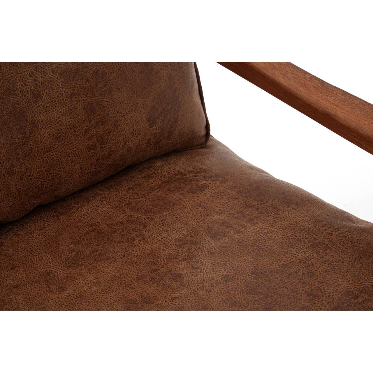 Brown leather effect upholstery on a two-seater sofa, showcasing a smooth texture and subtle sheen. The sofa features a contemporary design with clean lines and a minimalist aesthetic, complemented by wooden armrests. The image focuses on the seat and backrest area, highlighting the plush cushioning and inviting appearance