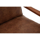 Brown leather effect upholstery on a two-seater sofa, showcasing a smooth texture and subtle sheen. The sofa features a contemporary design with clean lines and a minimalist aesthetic, complemented by wooden armrests. The image focuses on the seat and backrest area, highlighting the plush cushioning and inviting appearance