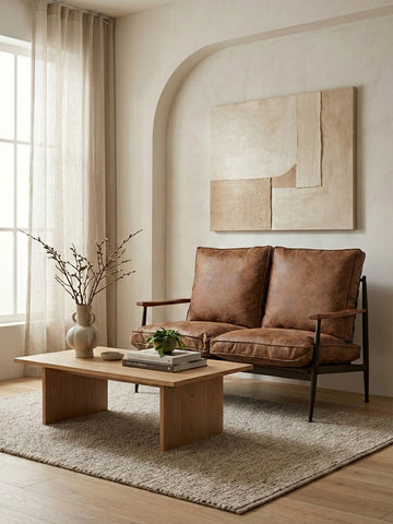 Brown leather effect 2 seater sofa with plush cushions, positioned in a cozy living room setting. A wooden coffee table with a small plant and decorative items sits in front of the sofa, while a textured area rug covers the floor. Natural light filters through sheer curtains, illuminating the space, which features a minimalist wall art piece in the background