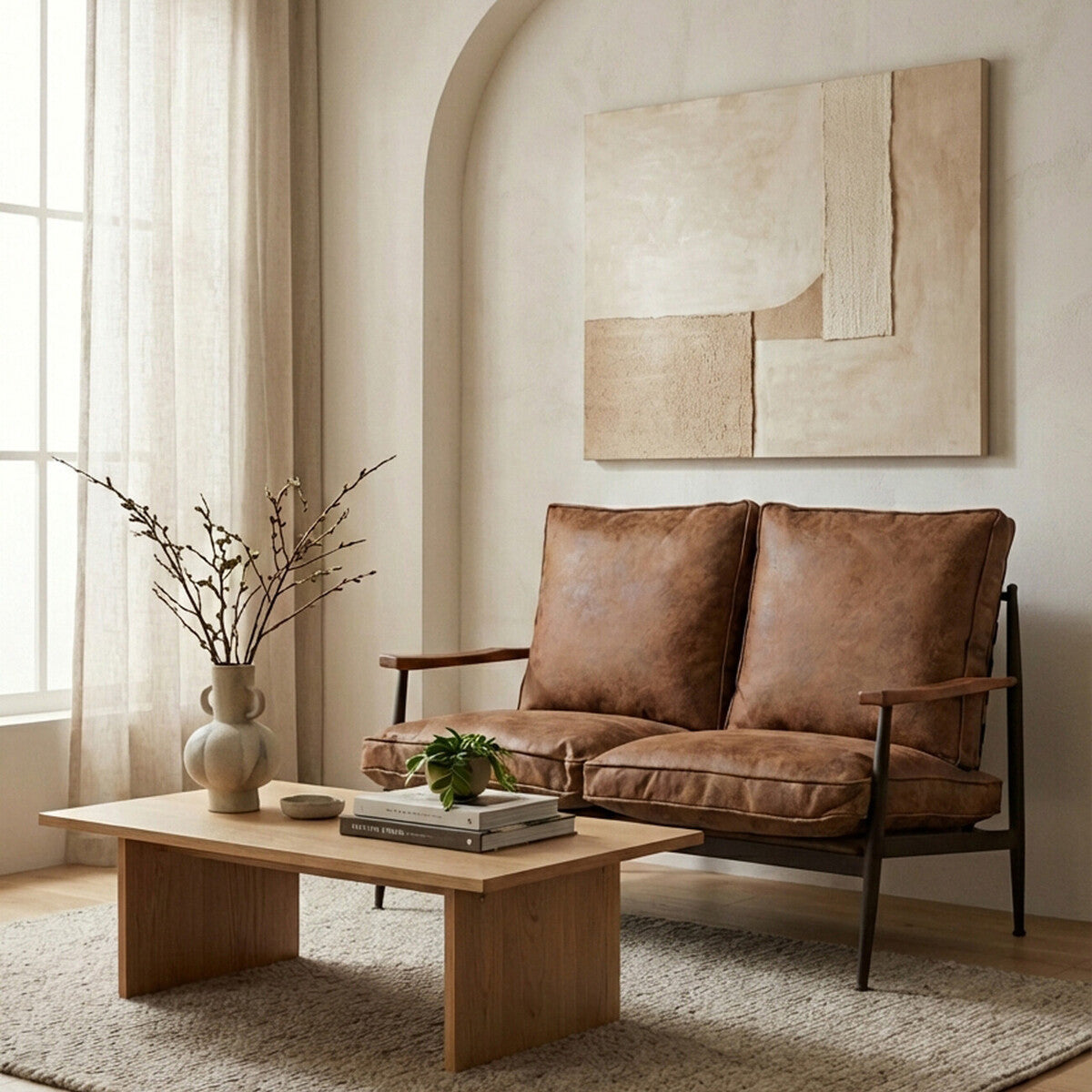 Brown leather effect two-seater sofa with plush cushions, set in a cozy living room. A wooden coffee table with decorative items sits in front of the sofa, and a large abstract wall art piece hangs above. Natural light filters through sheer curtains, illuminating the warm tones of the space