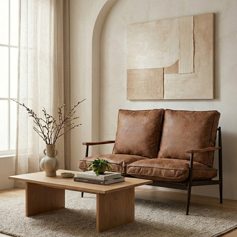 Brown leather effect two-seater sofa with plush cushions, set in a cozy living room. A wooden coffee table with decorative items sits in front of the sofa, and a large abstract wall art piece hangs above. Natural light filters through sheer curtains, illuminating the warm tones of the space