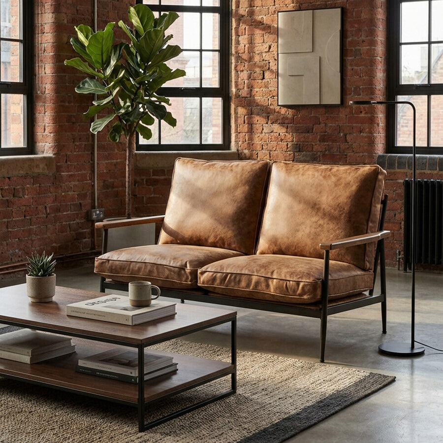 Brown leather effect two-seater sofa with plush cushions, set against a backdrop of exposed brick walls and large windows. A coffee table with a black metal frame and wooden top sits in front of the sofa, adorned with decorative items. A potted plant adds a touch of greenery to the industrial-style room, which features a textured area rug on the floor