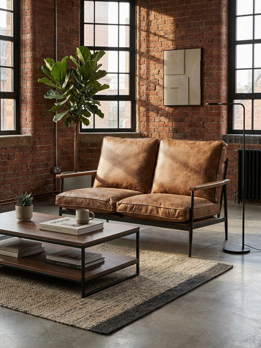 Brown leather effect two-seater sofa with plush cushions, set against a backdrop of exposed brick walls and large windows. A coffee table with a black metal frame and wooden top sits in front of the sofa, adorned with decorative items. A potted plant adds a touch of greenery to the industrial-style room, which features a textured area rug on the floor