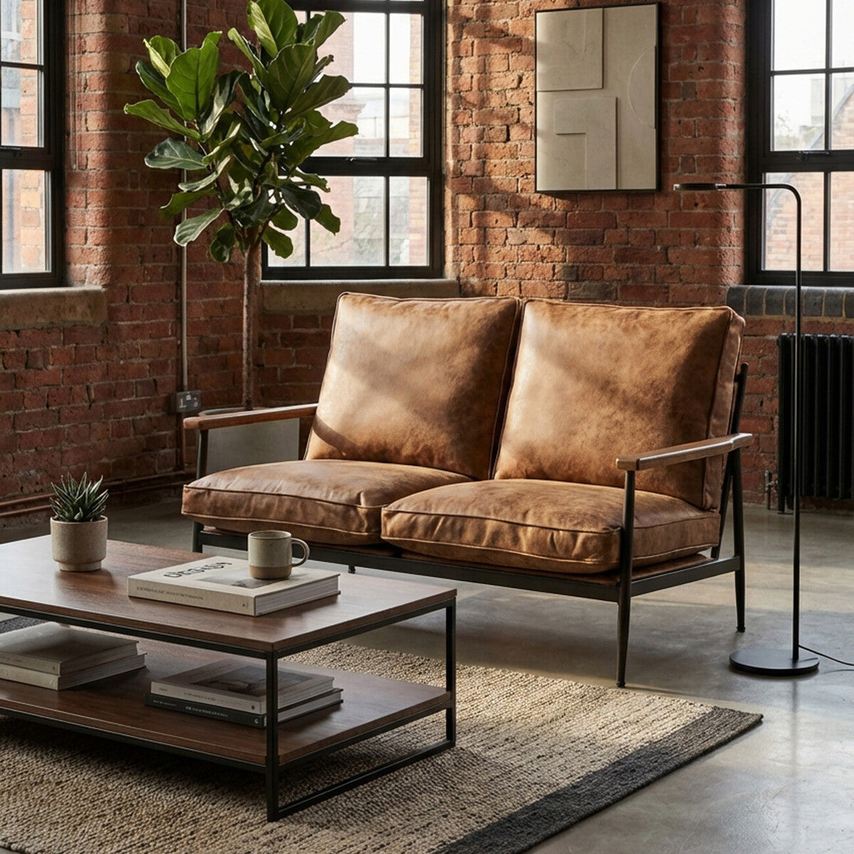 A brown leather effect two-seater sofa with plush cushions, set against a backdrop of exposed brick walls and large windows. A modern coffee table with stacked books and a decorative plant sits in front of the sofa, while a floor lamp stands nearby, illuminating the cozy space