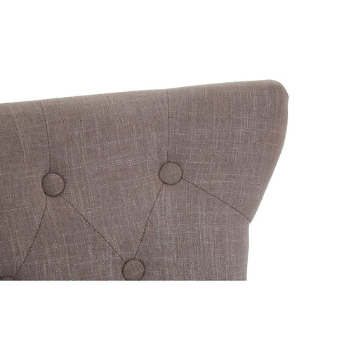 Brown fabric headboard with button-tufted detail and textured upholstery, angled side view