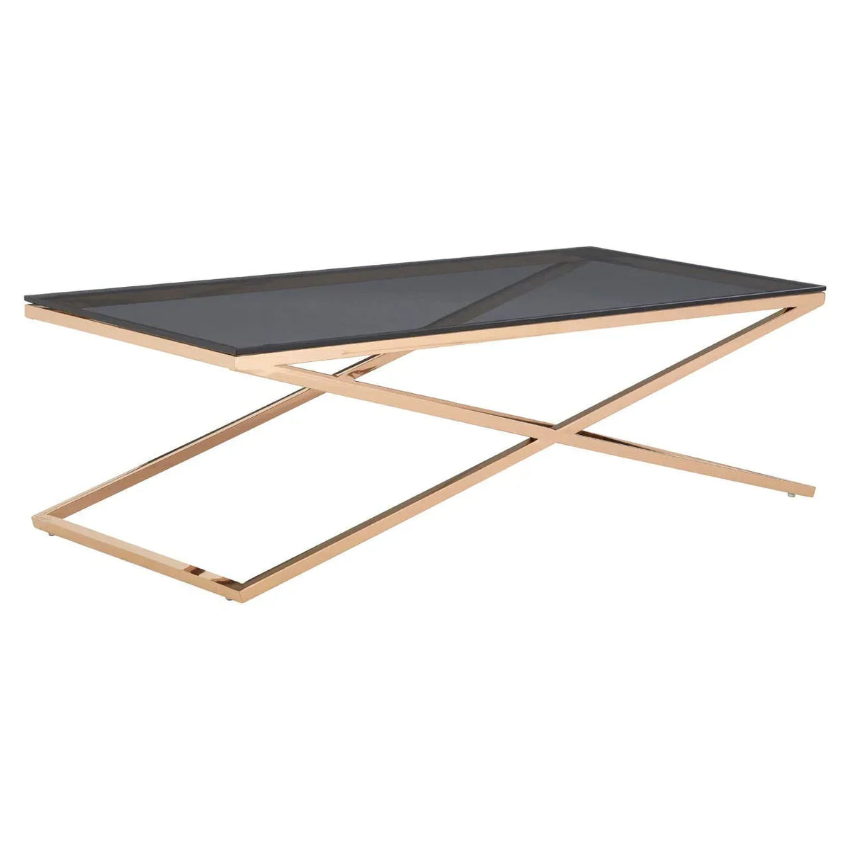 Glass top coffee table with gold metal frame and modern crossed leg design