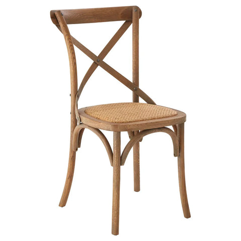 Wooden dining chair with woven rattan seat and curved cross backrest, front angle view
