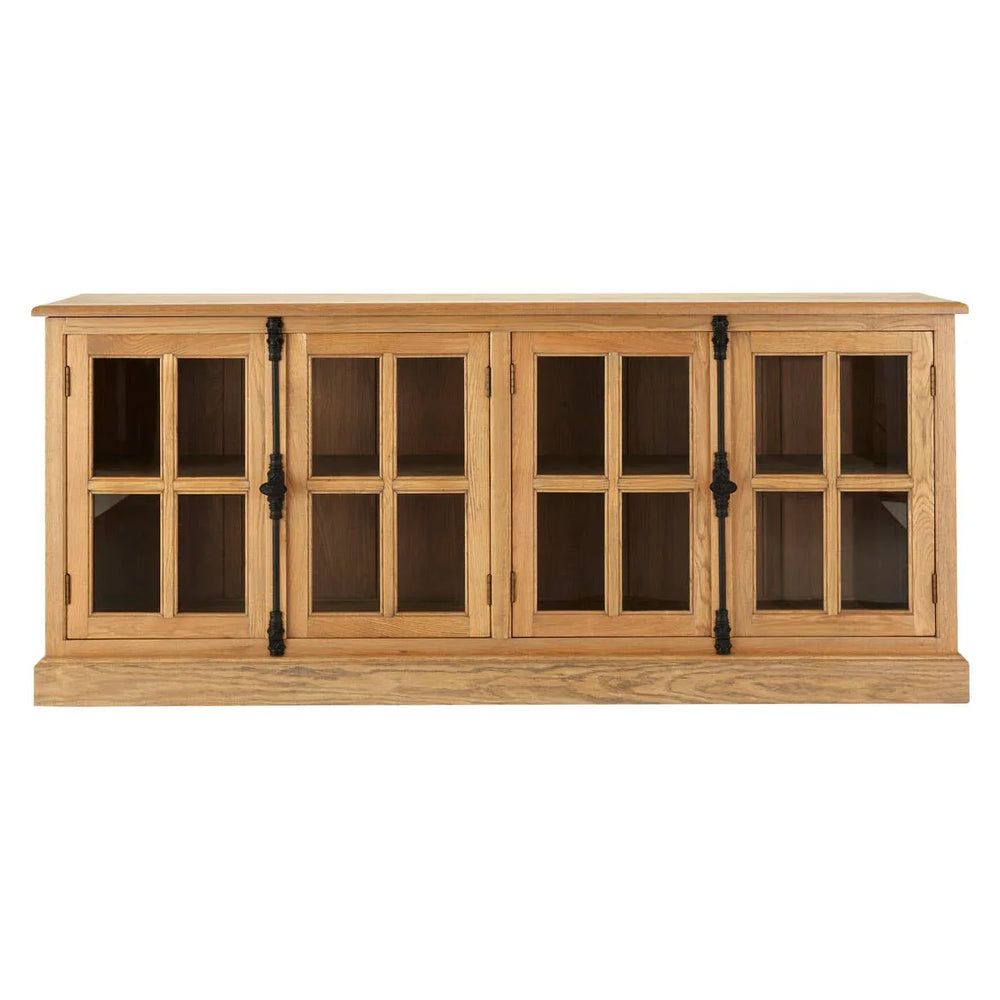 Golden Oak Wood Sideboard with Glass Doors and Metal Handles