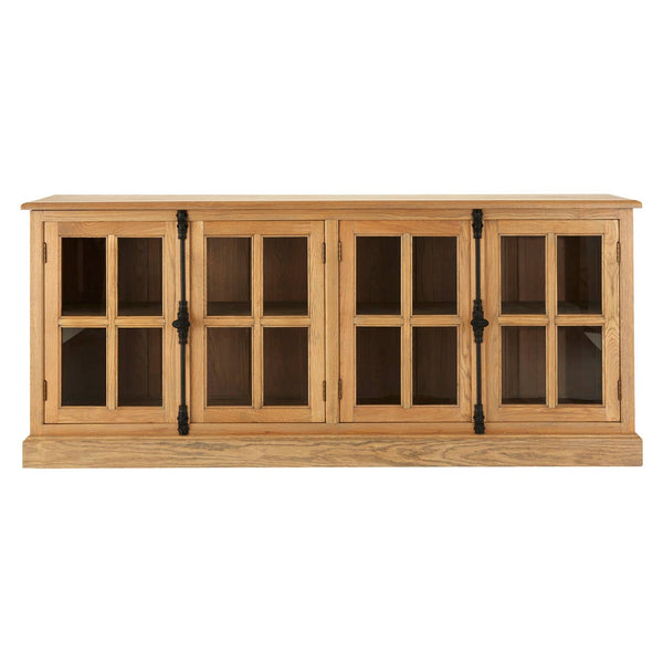 Golden Oak Wood Sideboard with Glass Doors and Metal Handles