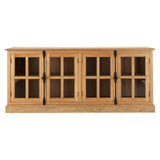 Golden Oak Wood Sideboard with Glass Doors and Metal Handles