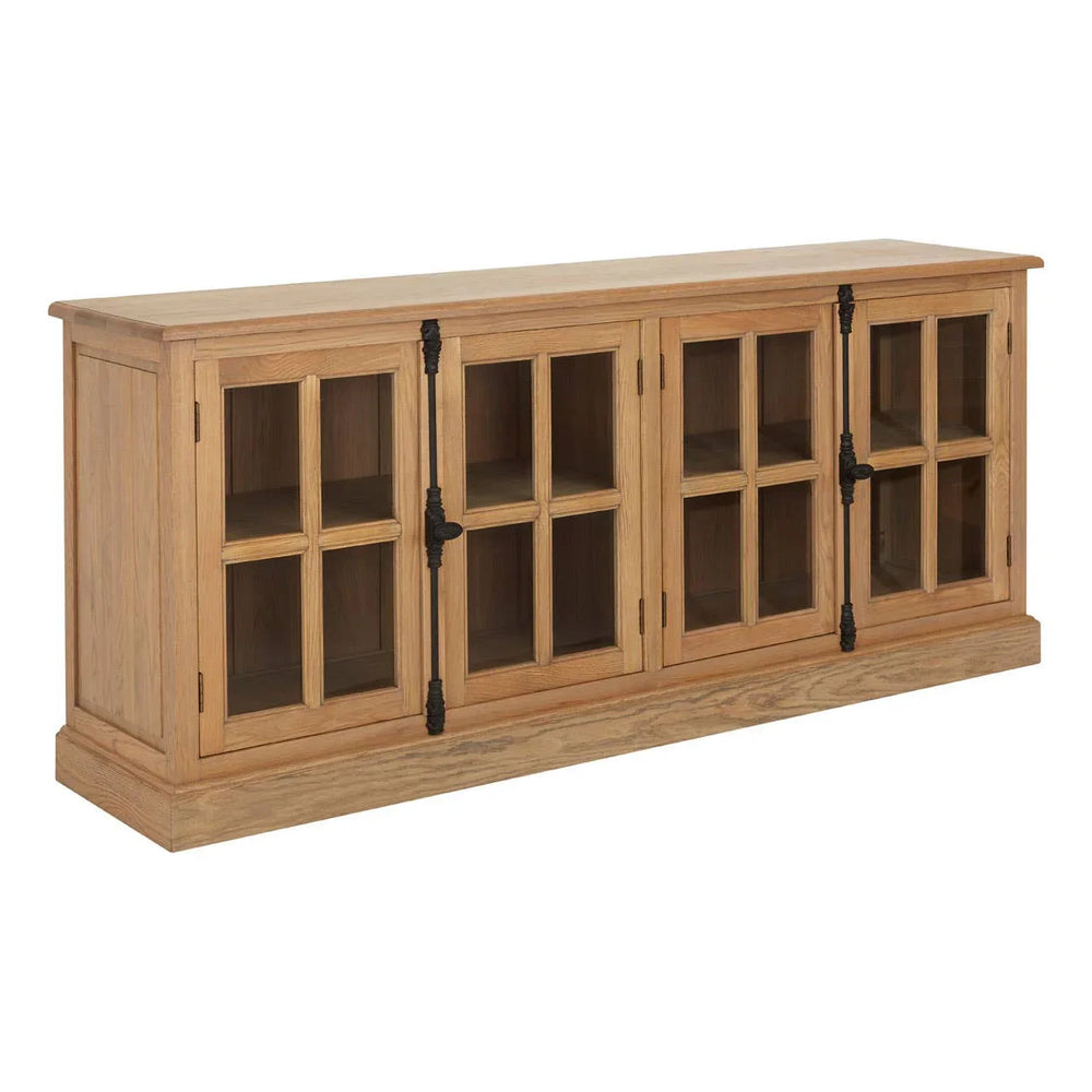 Golden Oak Wood Sideboard with Glass Doors and Metal Handles