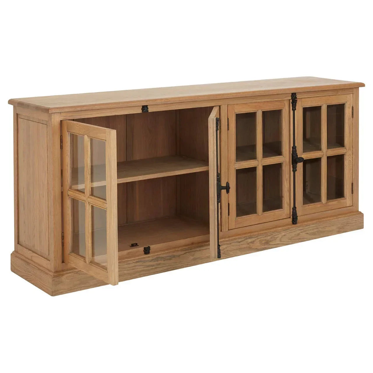 Oak sideboard with glass panel doors and black hinges, two doors open to show spacious shelves