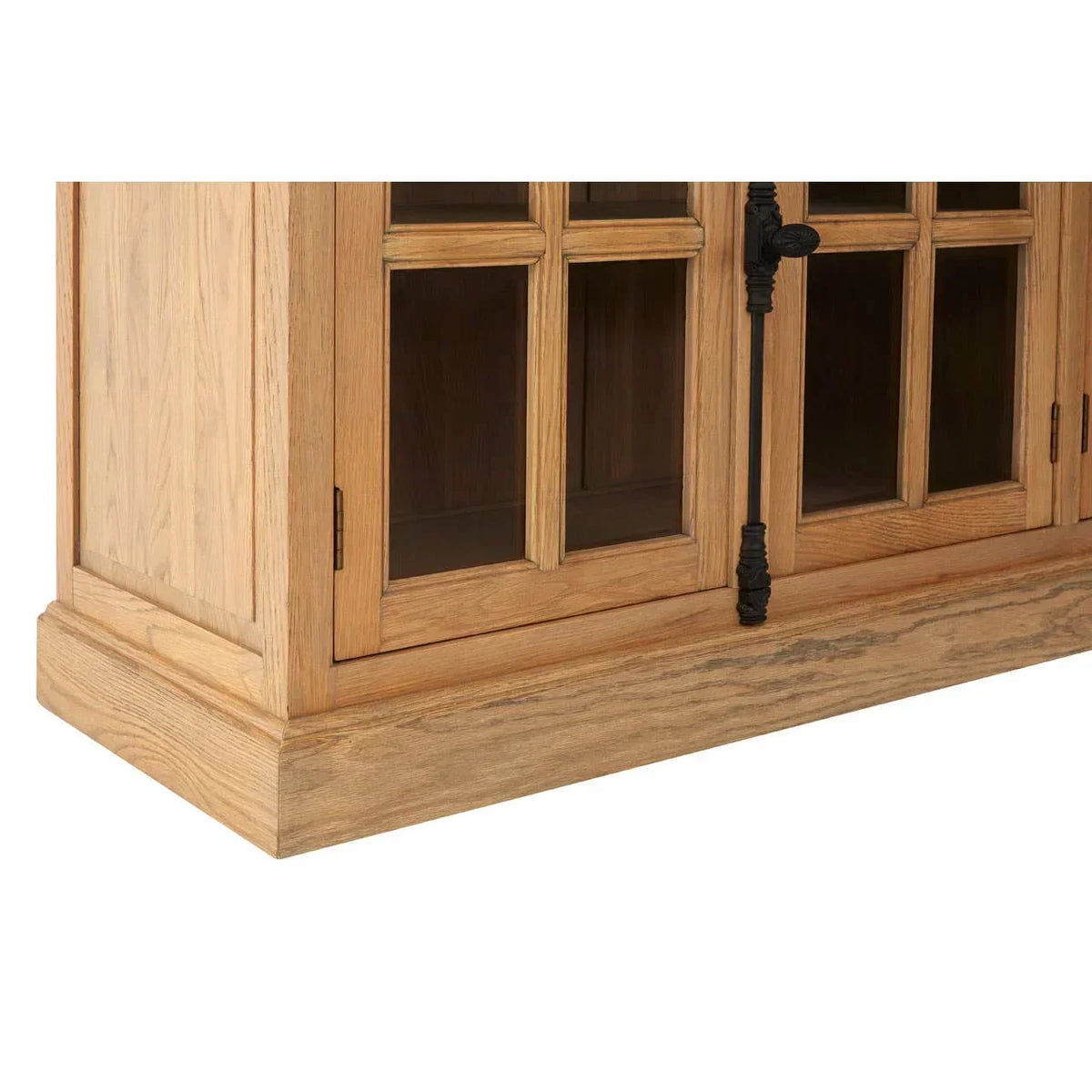 Oak sideboard base with glass panel doors and black metal handle detail