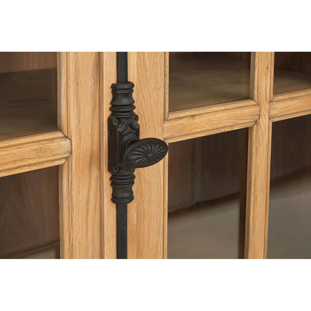 Golden Oak Wood Sideboard with Glass Doors and Metal Handles