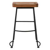 Industrial bar stool with wooden seat and black metal frame, front view