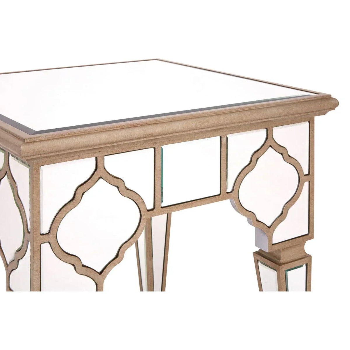 Mirrored side table with square glass top and geometric gold frame detailing