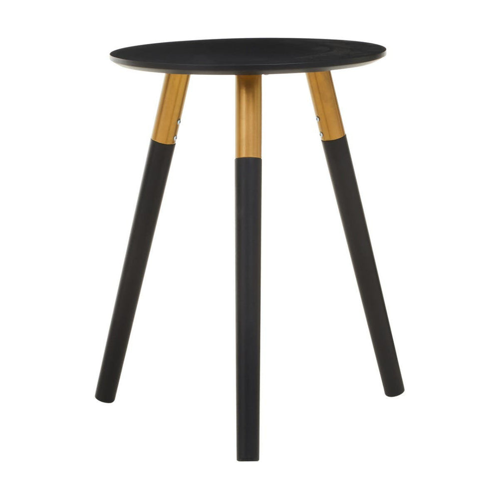 Round side table with a black top and three wooden legs, two of which are black and one is natural wood. The design is modern and minimalist, suitable for various home decor styles