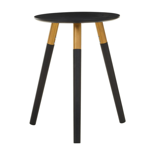 Round side table with a black top and three wooden legs, two of which are black and one is natural wood. The design is modern and minimalist, suitable for various home decor styles