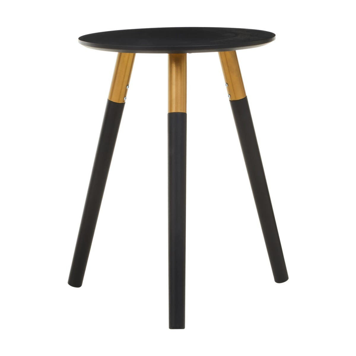 Round side table with a black top and three wooden legs, two of which are black and one is natural wood. The design is modern and minimalist, suitable for various home decor styles