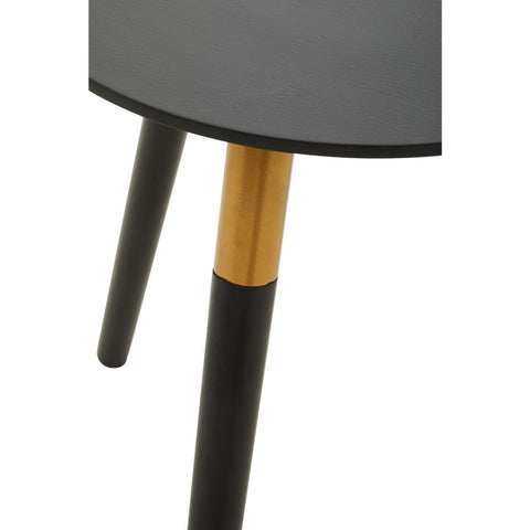 Round side table with a sleek black top and three tapered legs, two of which are black and one featuring a natural wood accent near the base