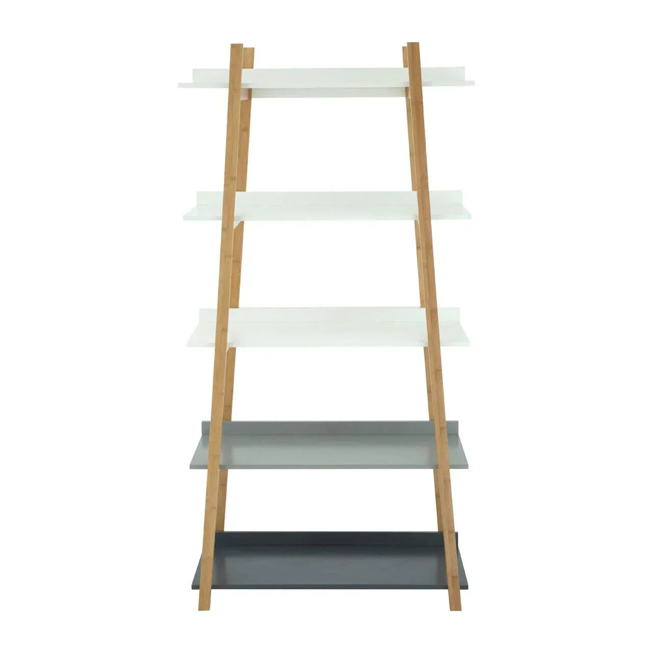 Ladder bookshelf with wooden frame and white to grey shelves, front view
