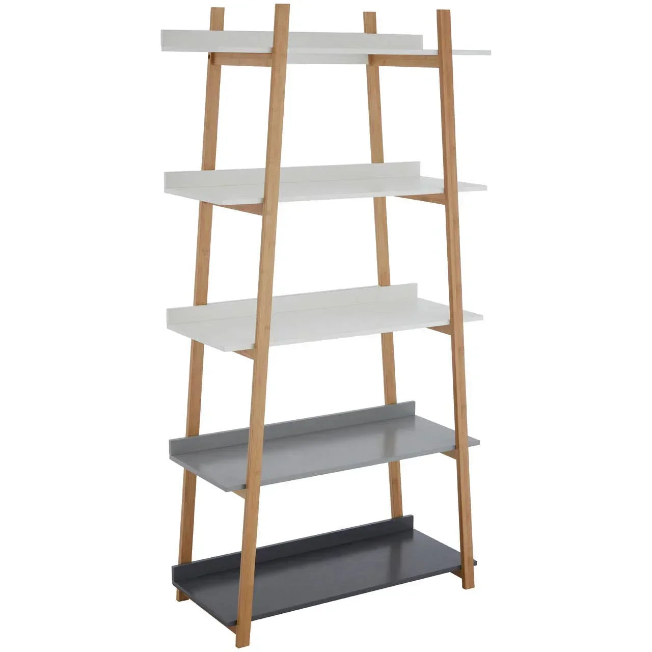 Ladder shelf unit with oak frame, white and grey shelves, modern open shelving design