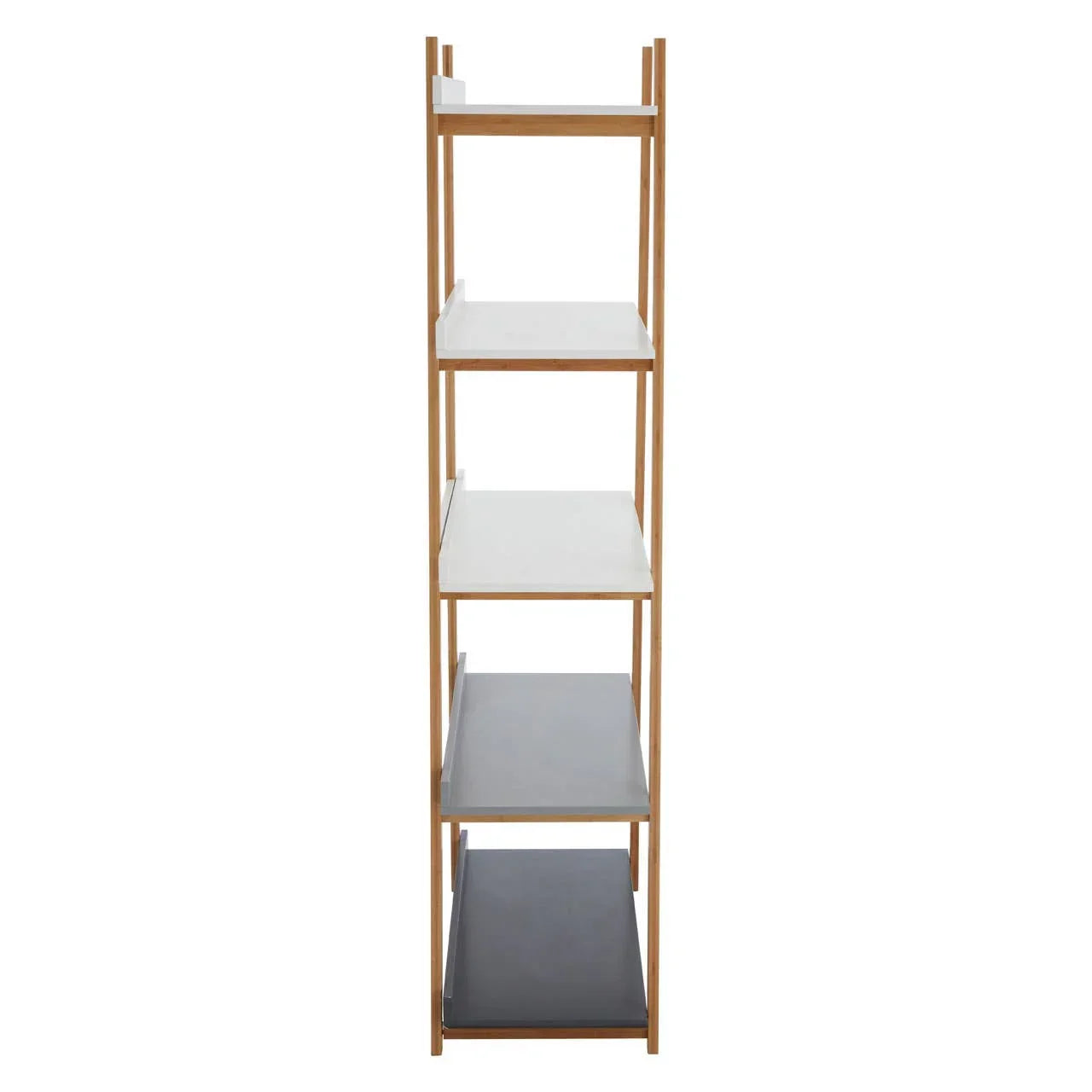 Tall wooden shelving unit with five shelves in white and grey, front view
