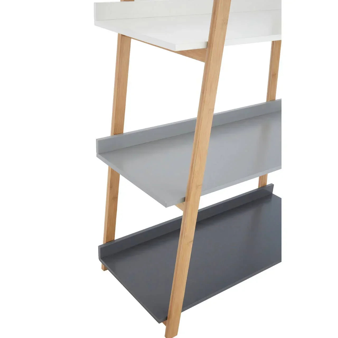 Ladder shelf with light wood frame and three angled shelves in white, grey, and dark grey