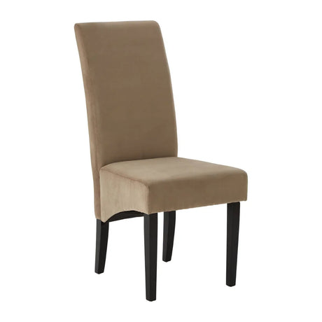 Brown fabric dining chair with high back and black wooden legs