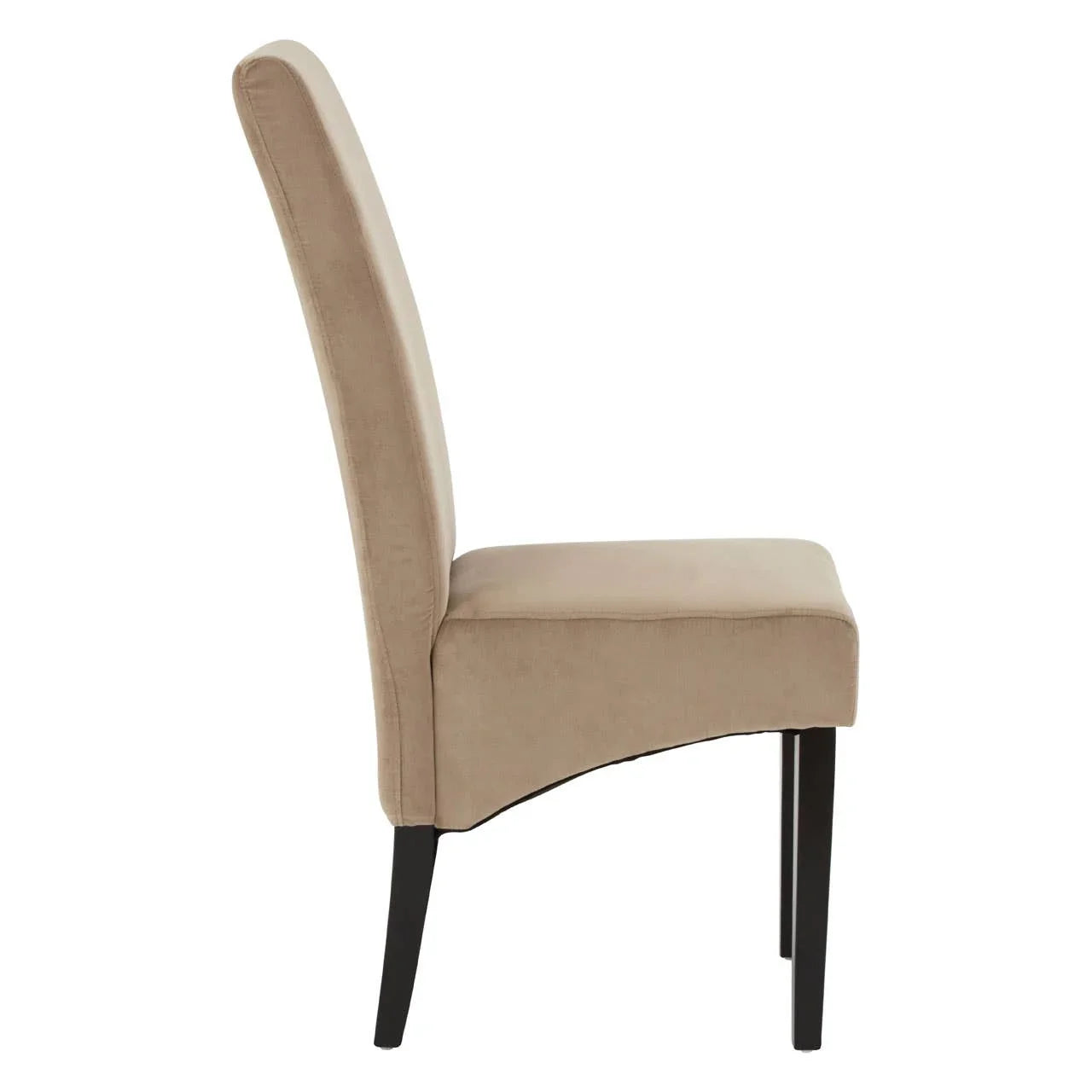 Beige fabric dining chair with high back and black wooden legs side view