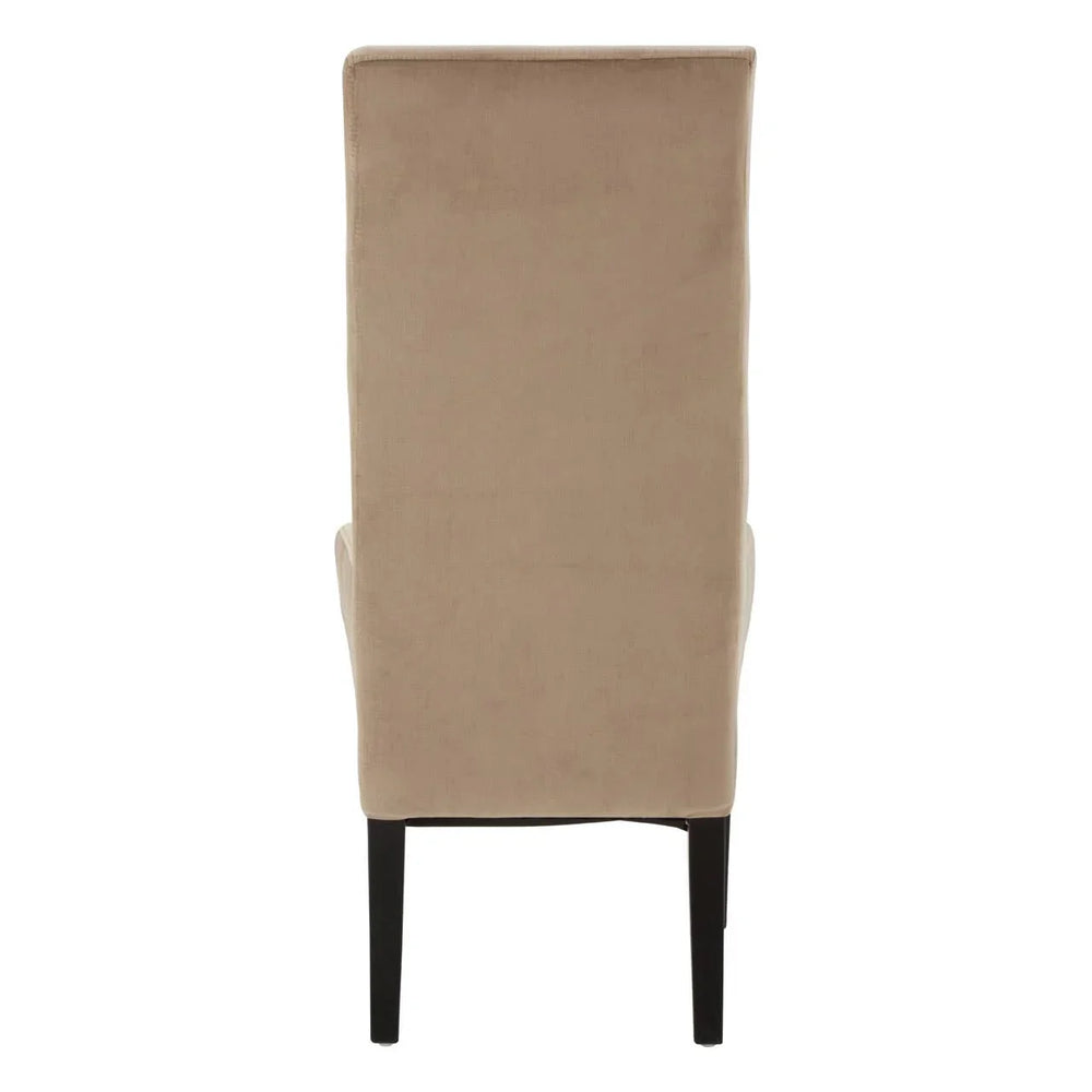 Beige upholstered dining chair rear view with high back and dark wooden legs