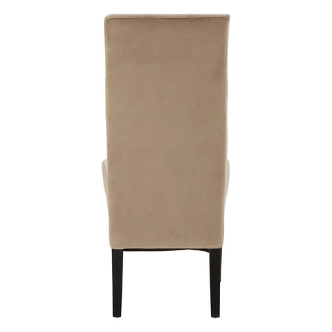 Beige upholstered dining chair rear view with high back and dark wooden legs