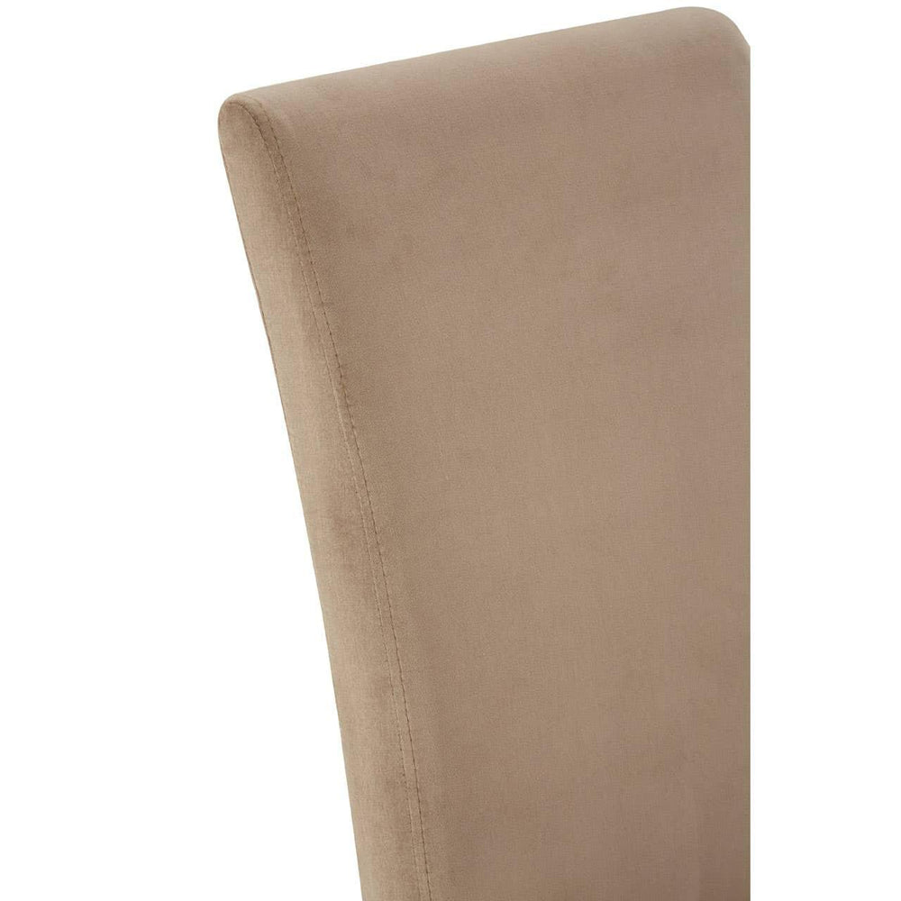 Beige fabric dining chair backrest with subtle stitching, close-up side view
