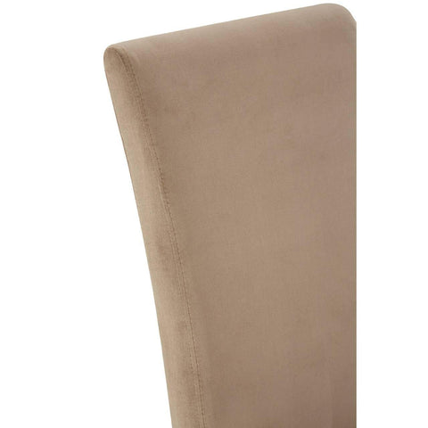 Beige fabric dining chair backrest with subtle stitching, close-up side view