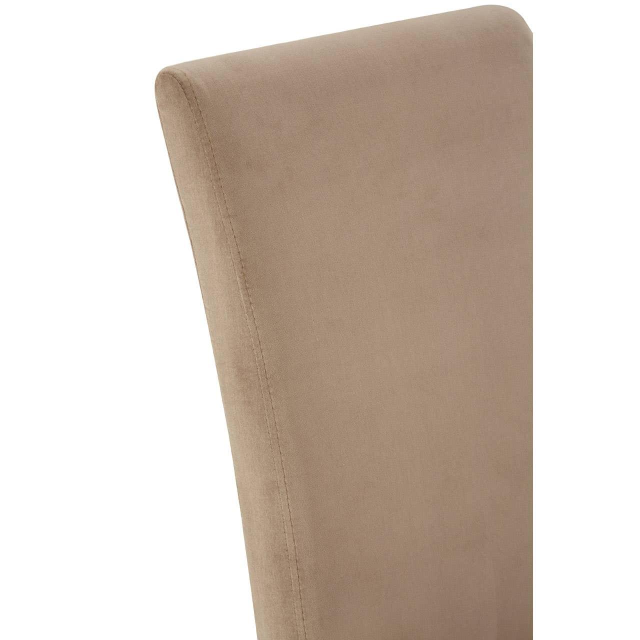 Beige fabric dining chair backrest with subtle stitching, close-up side view