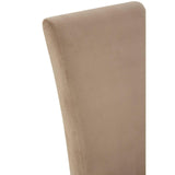 Beige fabric dining chair backrest with subtle stitching, close-up side view