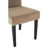Taupe fabric dining chair seat with black wooden legs, close-up front view