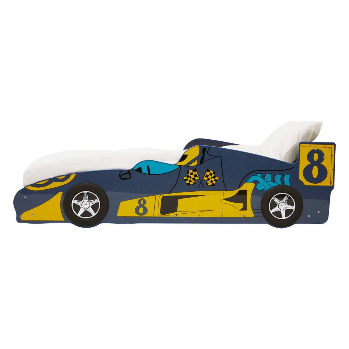 A colorful kids racing car bed designed to resemble a sleek race car, featuring a blue and yellow color scheme, with a prominent number 8 on the side, and detailed wheels. The bed has a low profile and a streamlined shape, perfect for imaginative play and comfortable sleeping