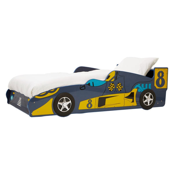 A colorful kids racing car bed designed to resemble a race car, featuring a sleek body with blue and yellow accents, large wheels, and a number 8 on the side. The bed includes a mattress area with white bedding and a headboard that mimics the shape of a car's front